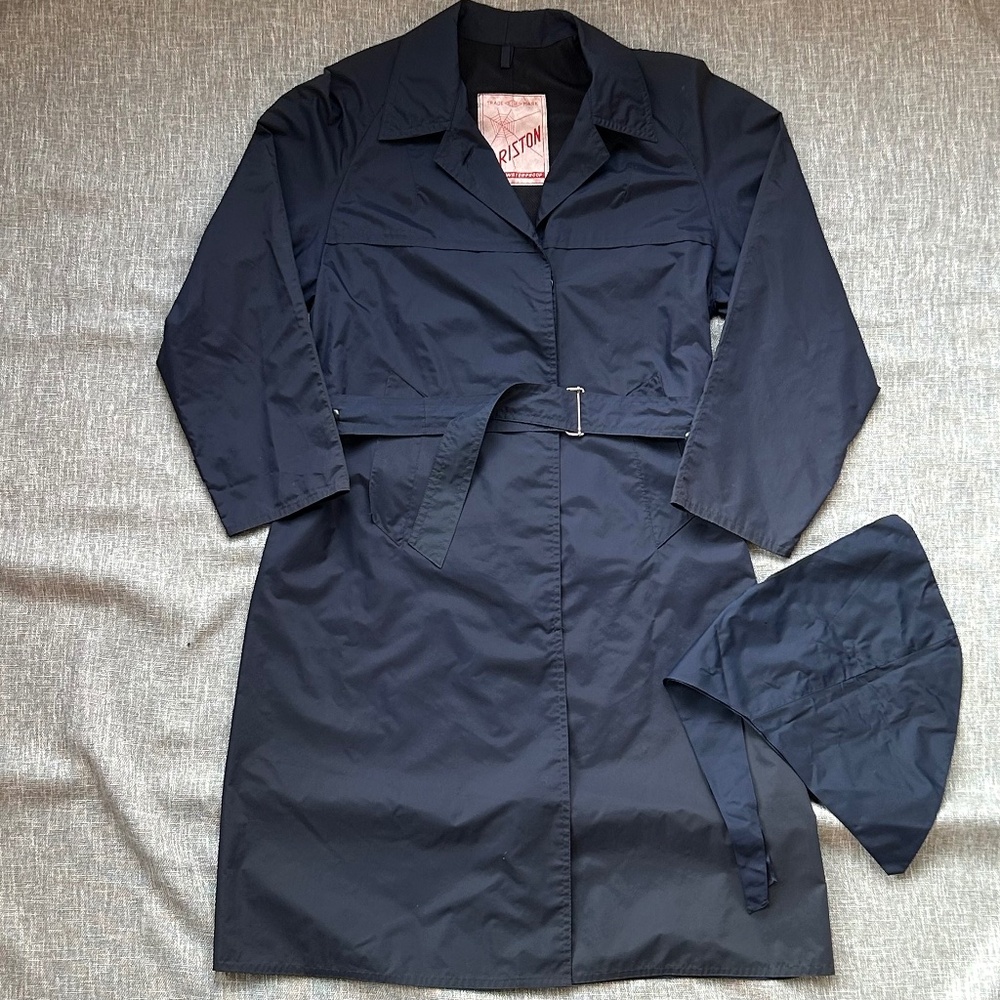 60s Vintage Ariston Women's Waterproof Raincoat - Bonnet & Belt‎ - Navy - Medium
